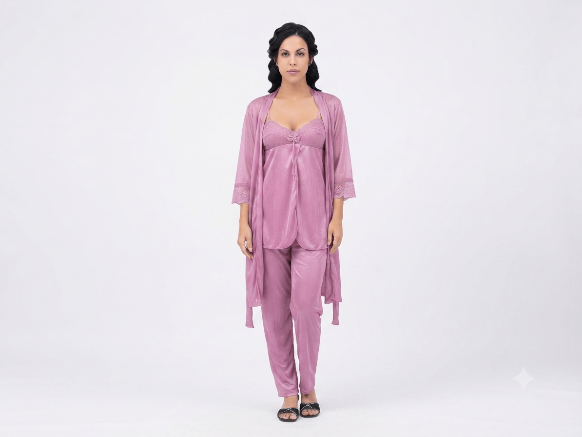 Pink Galaxy Silky Nightwear 3-Piece Set robe nighty pants - Nudra Pakistan
