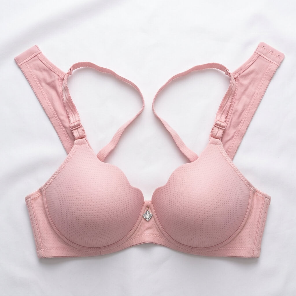 A light pink wireless underwire bra with wide adjustable shoulder straps and a small rhinestone accent at the center gore, laid flat on a white fabric background.