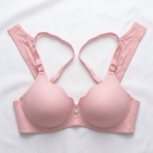 A light pink wireless underwire bra with wide adjustable shoulder straps and a small rhinestone accent at the center gore, laid flat on a white fabric background.