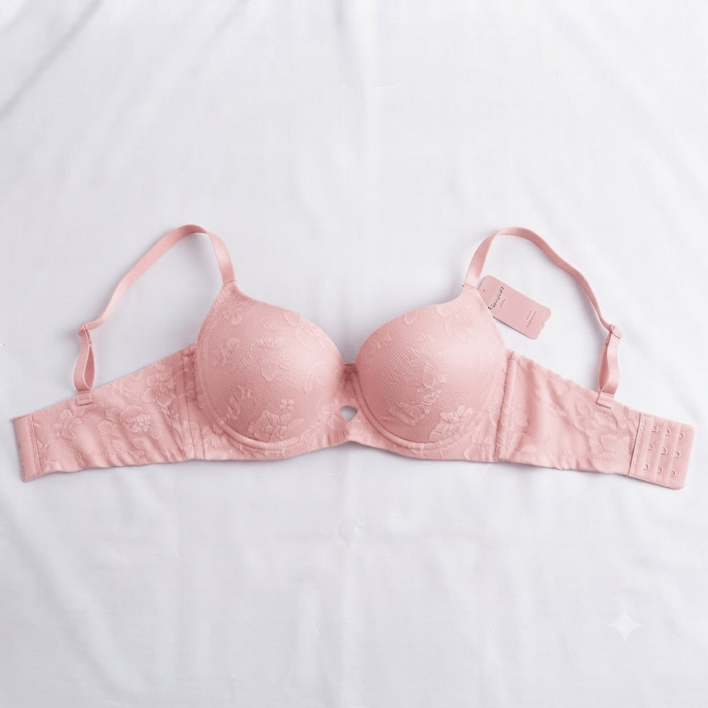 Pink Nudra Double Padded Push-Up Bra floral jacquard imported - Nudra Pakistan
