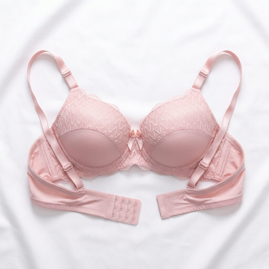 A light pink wireless bra with lace cups, adjustable straps, and a matching underband, laid flat on a white fabric background.