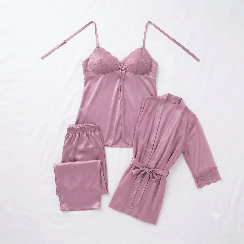 Pink Galaxy Silky Nightwear 3-Piece Set styled photo - Nudra Pakistan
