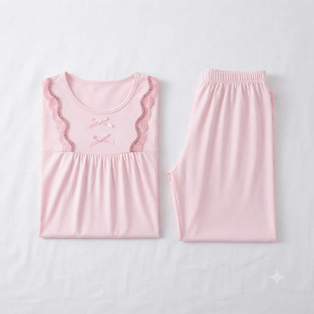 Pink Weiernisi Malai Suit Cotton Pajama Set styled photo - Nudra Pakistan