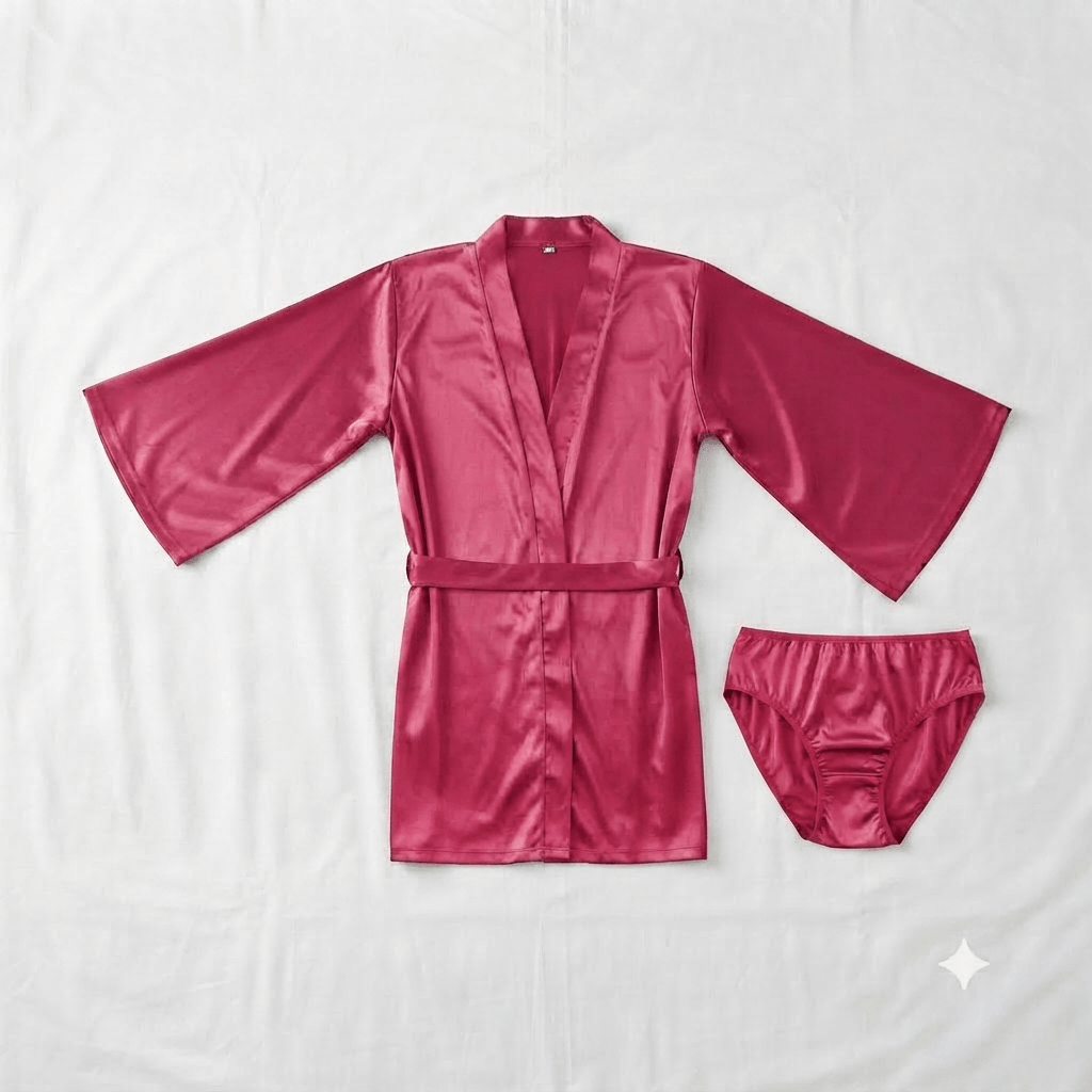 Pink Two Hearts Satin Kimono Robe Lace Panty Set - Nudra Pakistan