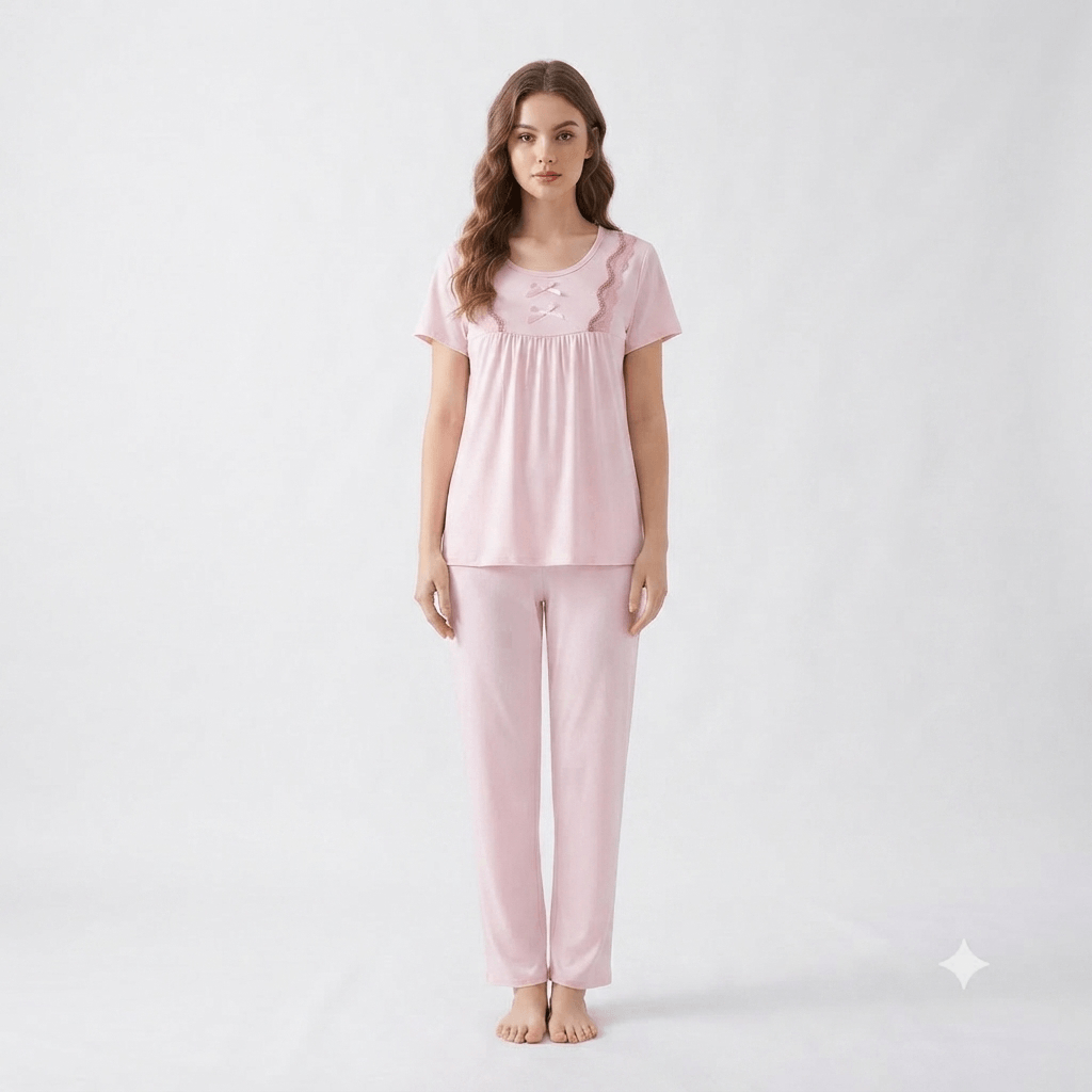 Pink Weiernisi Malai Suit Cotton Pajama Set with Lace detail - Nudra Pakistan