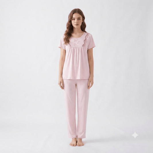 Pink Weiernisi Malai Suit Cotton Pajama Set with Lace detail - Nudra Pakistan