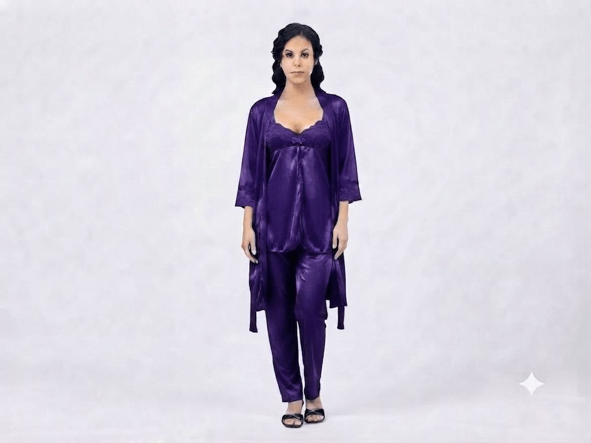 Purple Galaxy Silky Nightwear 3-Piece Set robe nighty pants - Nudra Pakistan