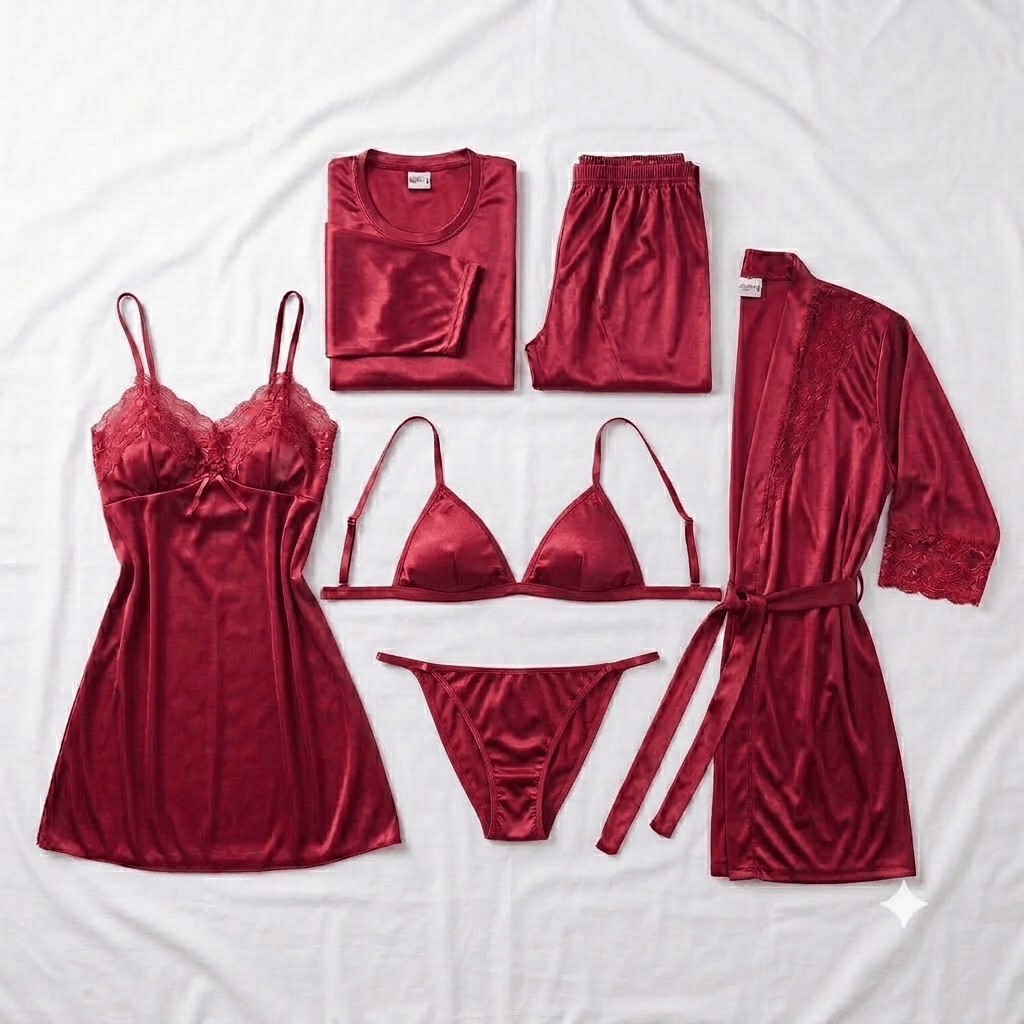 Red Galaxy Nightwear 6-Piece Robe Set - Nudra Pakistan
