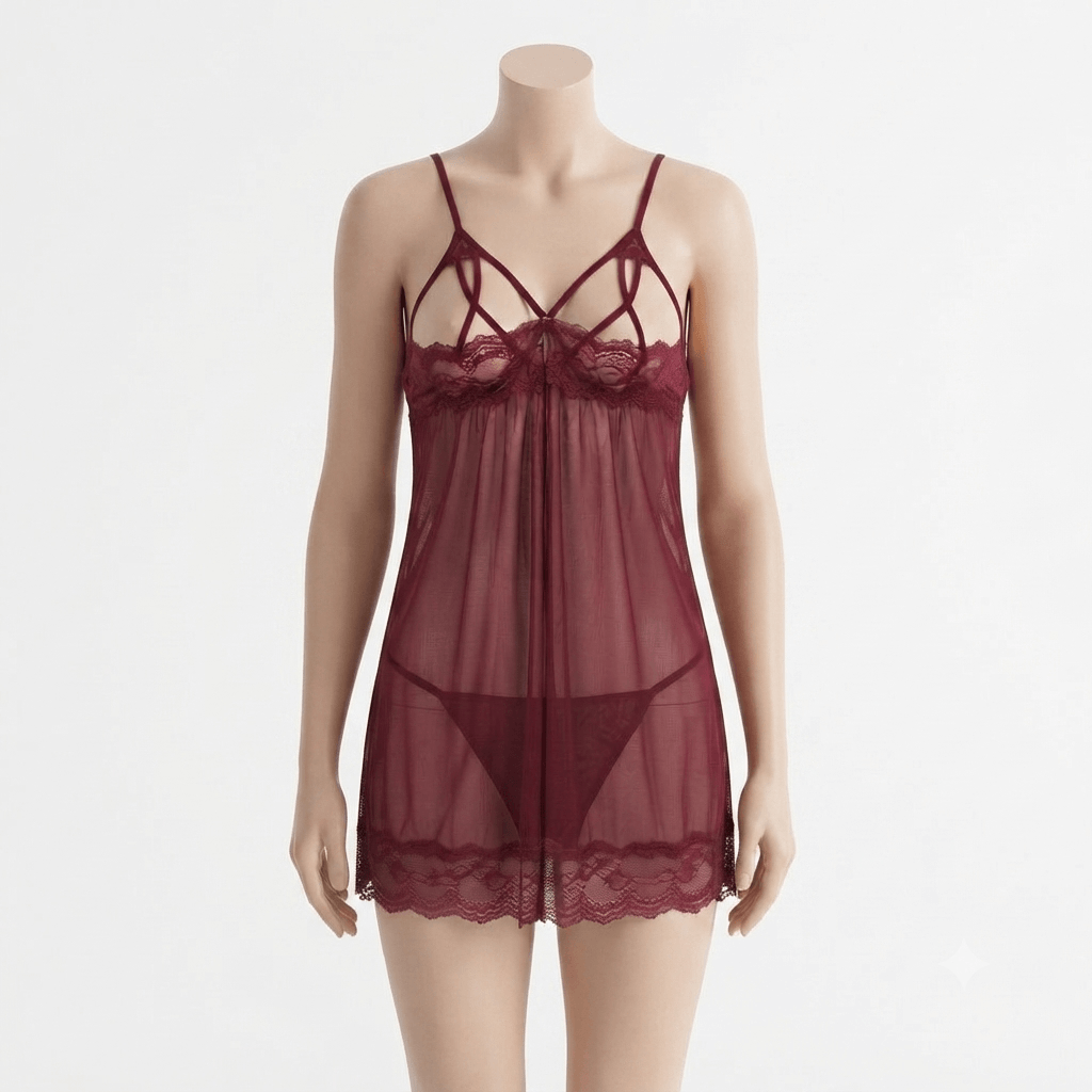 Red Babydoll Lace Cross-Strap Detail Sheer Maxi Robe - Nudra Pakistan