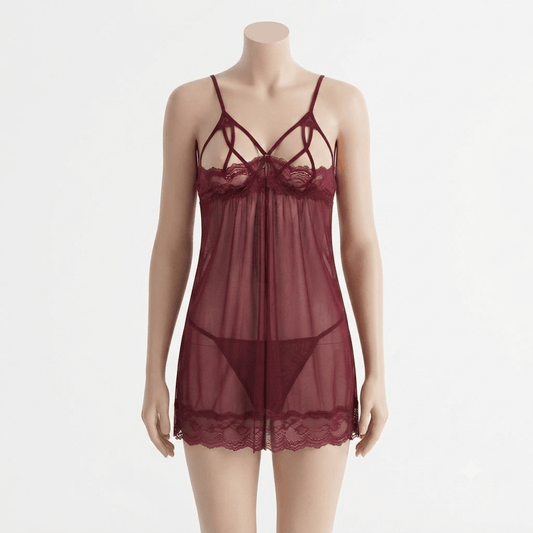 Red Babydoll Lace Cross-Strap Detail Sheer Maxi Robe - Nudra Pakistan