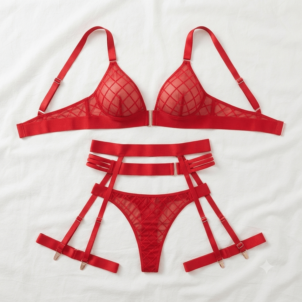 Red Diamond Mesh Bra and Garter Belt Set - Nudra Pakistan