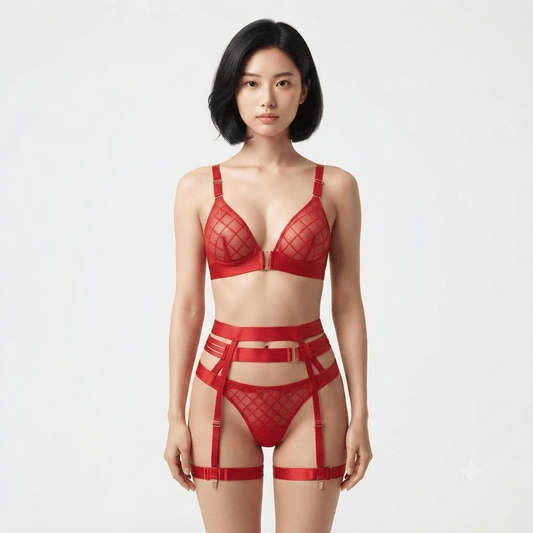 Red Diamond Mesh Bra and Garter Belt Set 4-piece lingerie - Nudra Pakistan