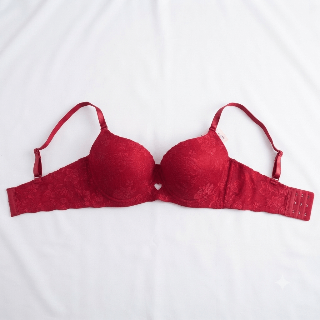 Red Nudra Double Padded Push-Up Bra floral jacquard imported - Nudra Pakistan