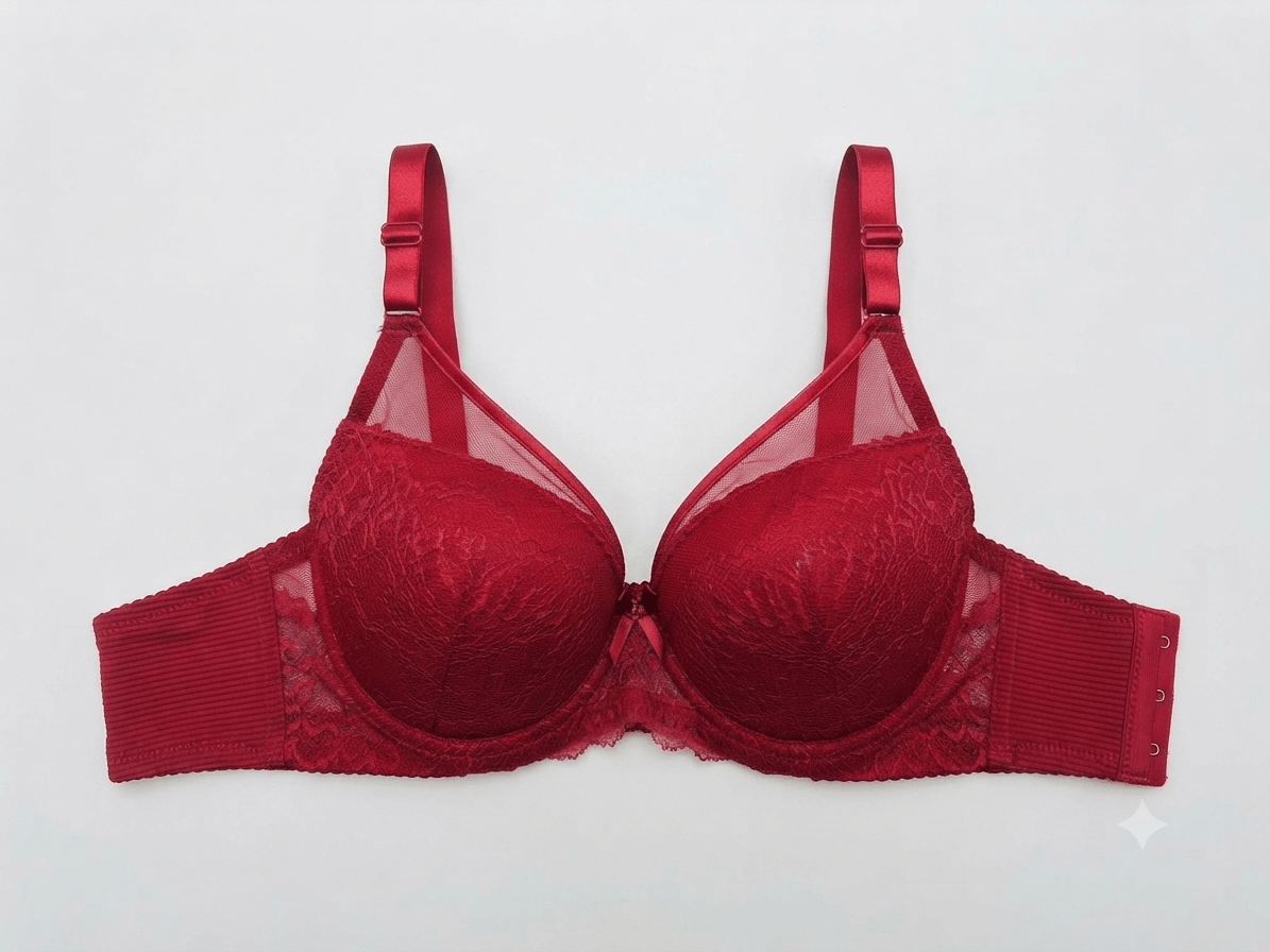 Red Nudra Double Padded Ring Push-Up Bra imported lace - Nudra Pakistan