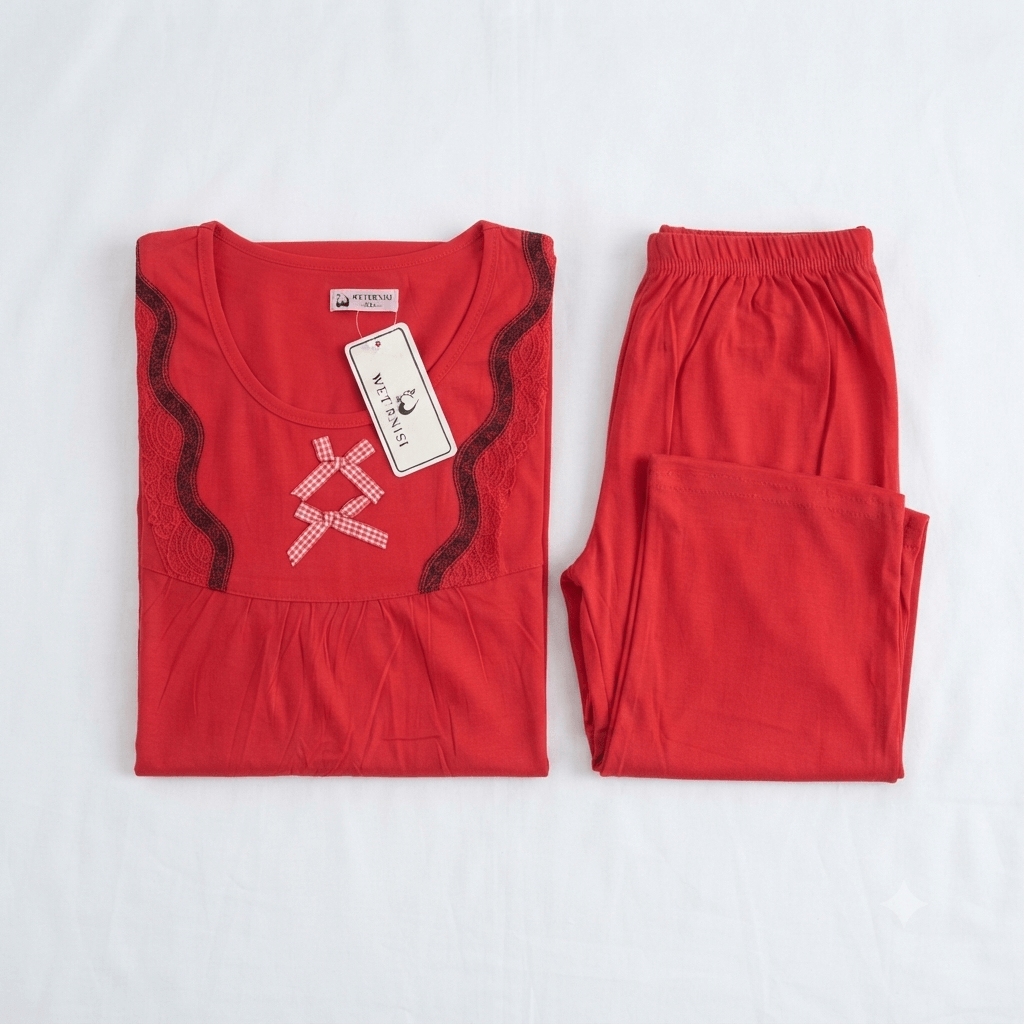 Red Weiernisi Malai Suit Cotton Pajama Set styled photo - Nudra Pakistan