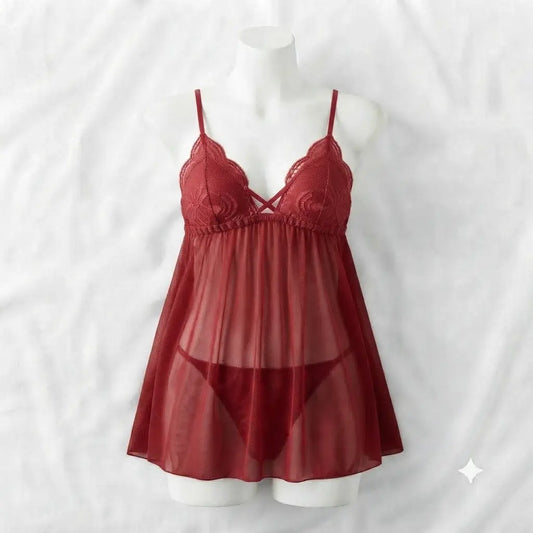 Red Suki Nights Sheer Mesh Lace Babydoll Nighty - Nudra Pakistan