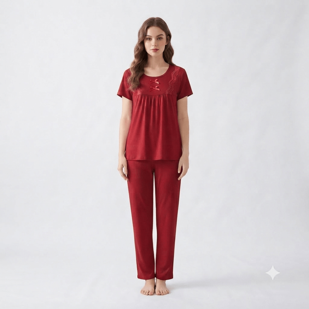 Red Weiernisi Malai Suit Cotton Pajama Set with Lace detail - Nudra Pakistan