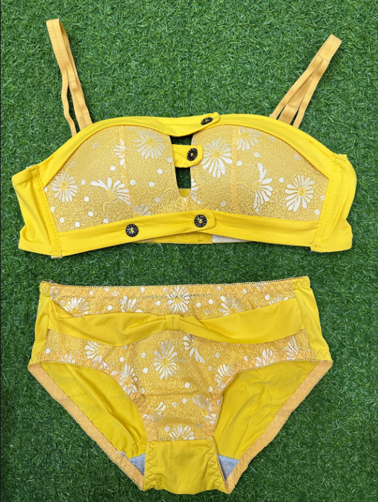 Daisy Embroidered Bandeau Bra & Brief Set — Rhinestone Button Detail