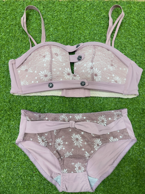 Daisy Embroidered Bandeau Bra & Brief Set — Rhinestone Button Detail