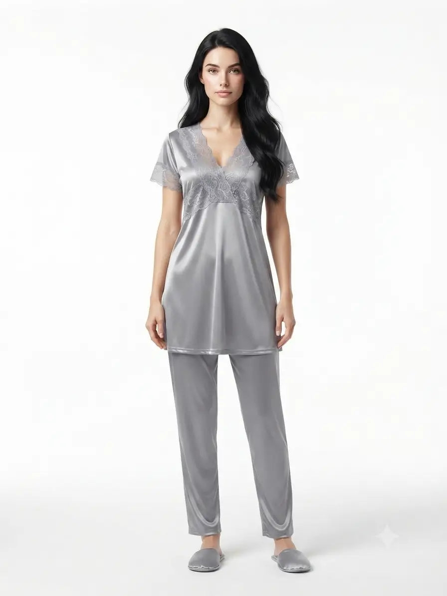 Silver Two Hearts Night Wear Velvet Silk Top Pajama Set - Nudra Pakistan
