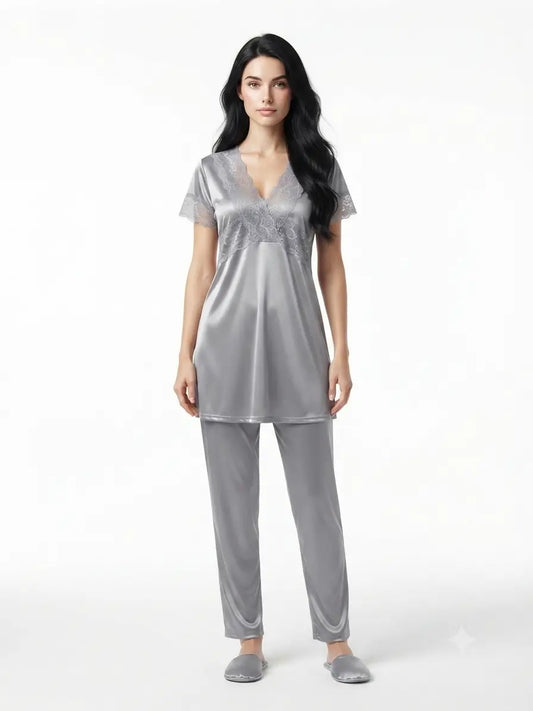 Silver Two Hearts Night Wear Velvet Silk Top Pajama Set - Nudra Pakistan