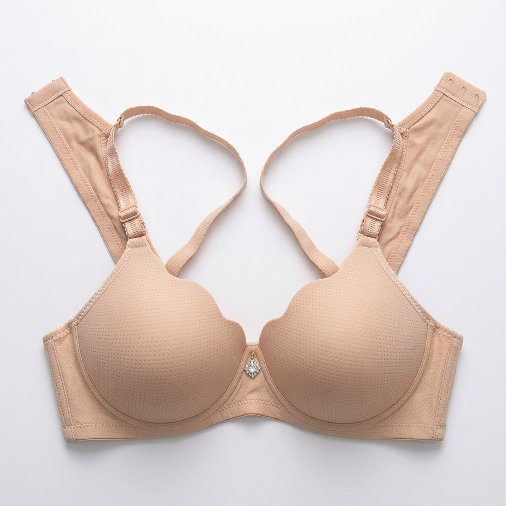 A beige wireless underwire bra with a subtle textured cup surface, adjustable shoulder straps, and a small rhinestone embellishment at the center, laid flat on a light gray background.