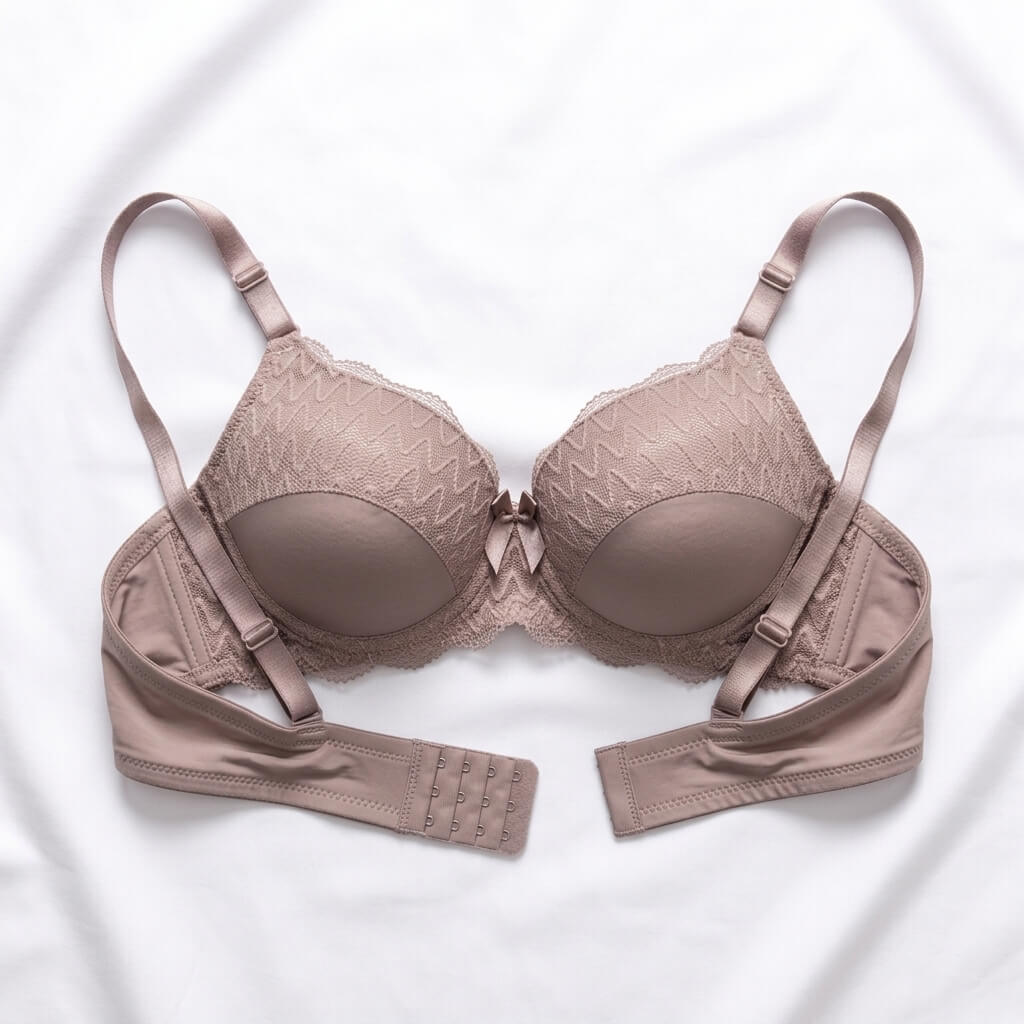 A structured wireless bra in a muted taupe-beige color, featuring textured lace cups, adjustable shoulder straps, and a central bow, laid flat on a white fabric background.