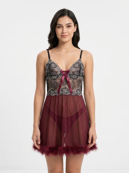 Nudra Lace Babydoll Nightdress sheer mesh feather hem front view - Nudra Pakistan