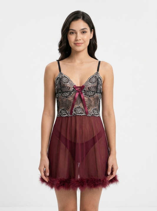 Nudra Lace Babydoll Nightdress — Sheer Mesh & Feather Hem