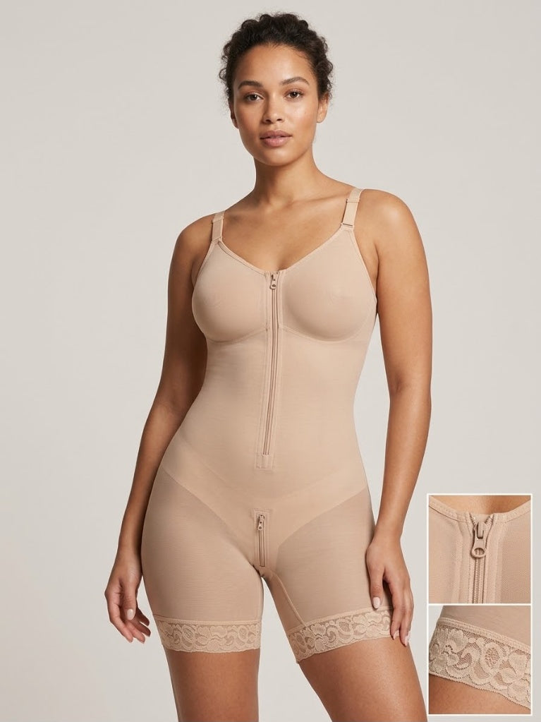 Full Body Shaper with Front Zip & Lace Trim