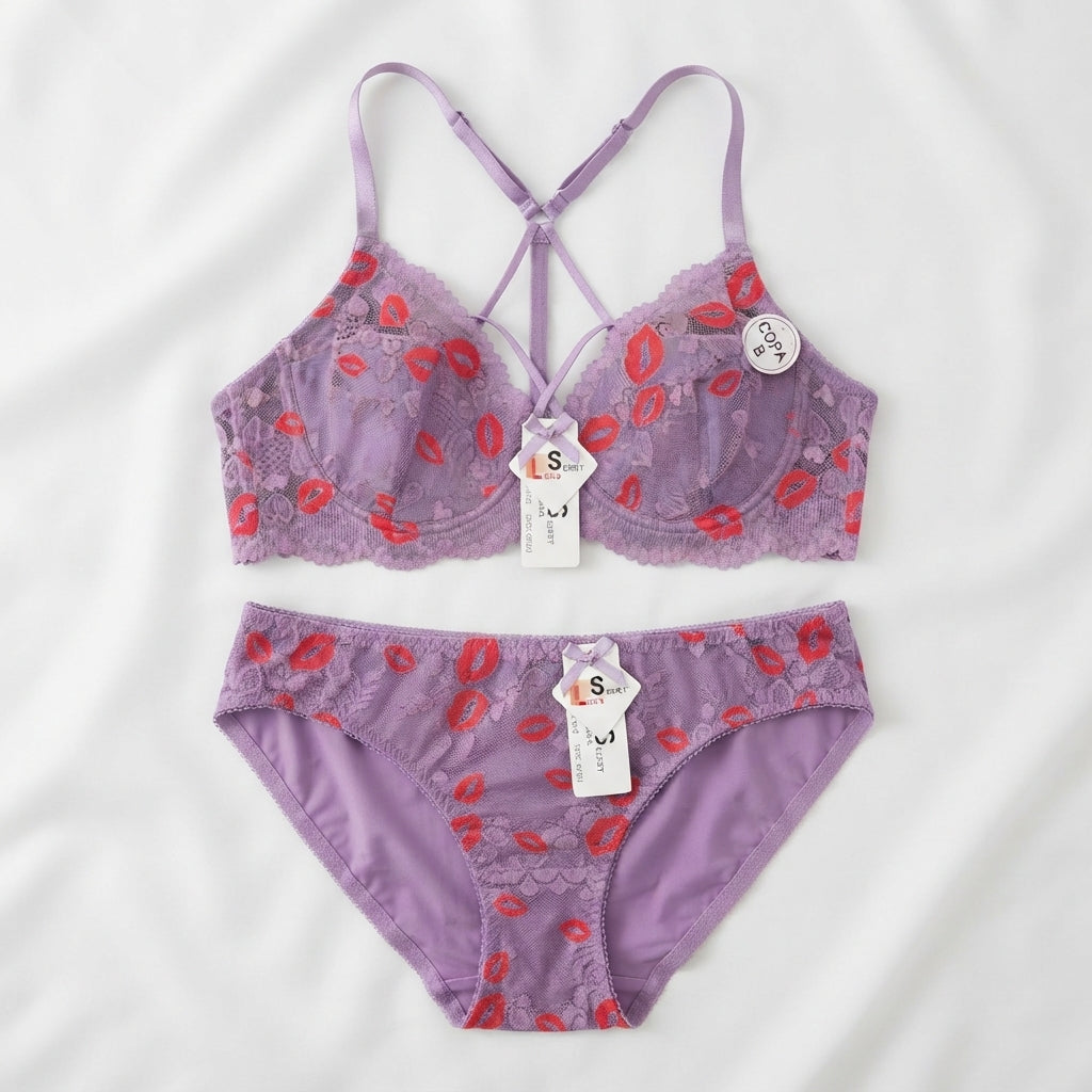 Kiss Print Lace Bra & Panty Set