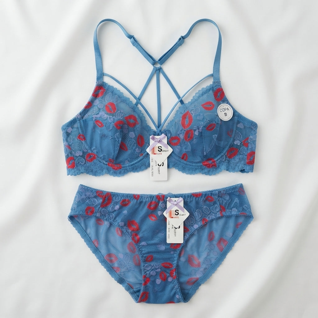 Kiss Print Lace Bra & Panty Set