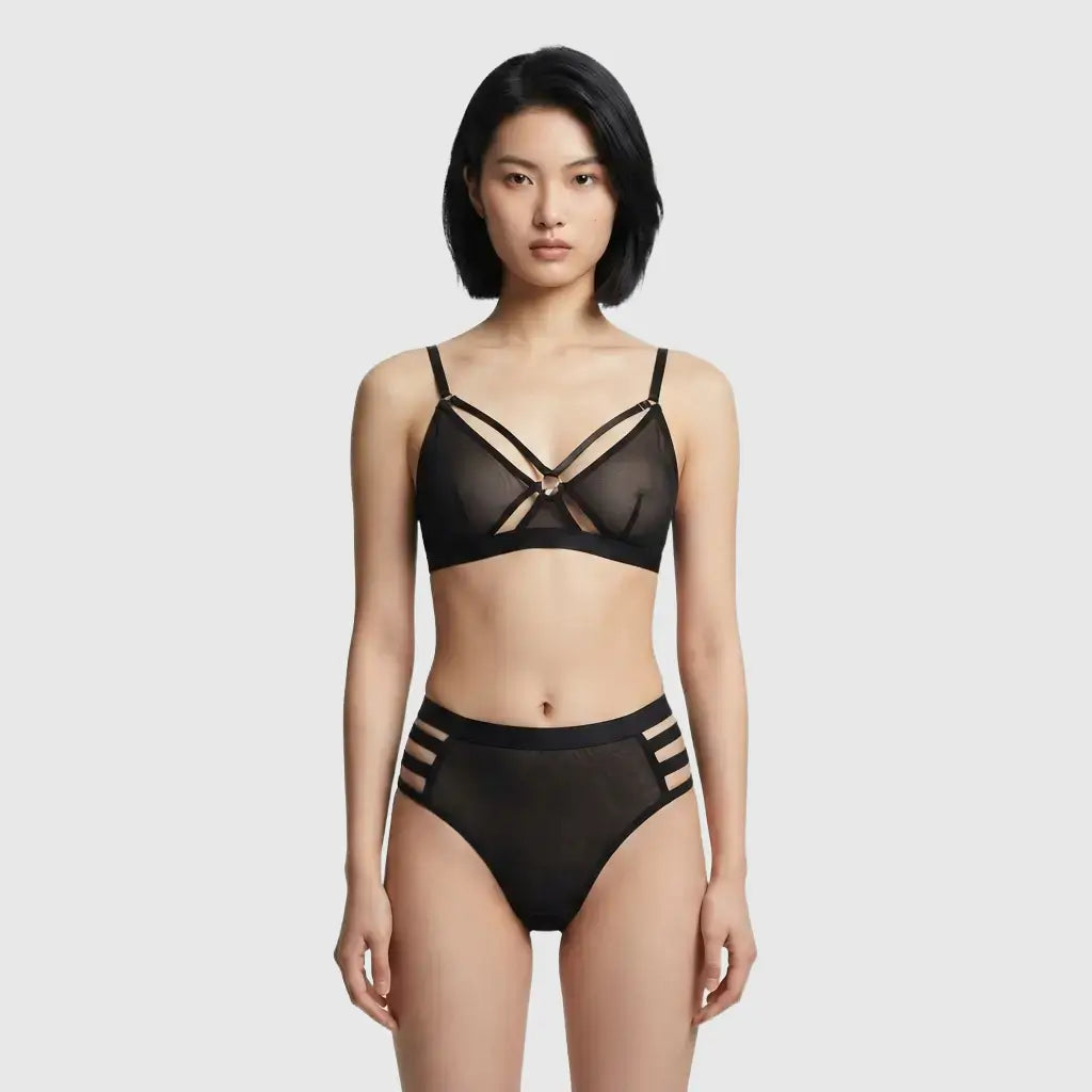 Vienna Nights Strappy Lace Bralette Set sheer mesh cage bra - Nudra Pakistan