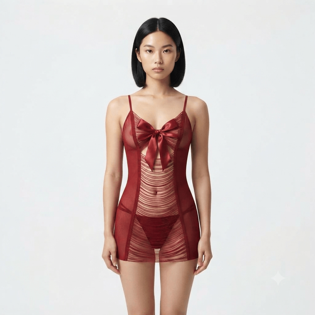 Red Nudra Bow-Tie Cutout Babydoll sheer multi-strap nightdress - Nudra Pakistan