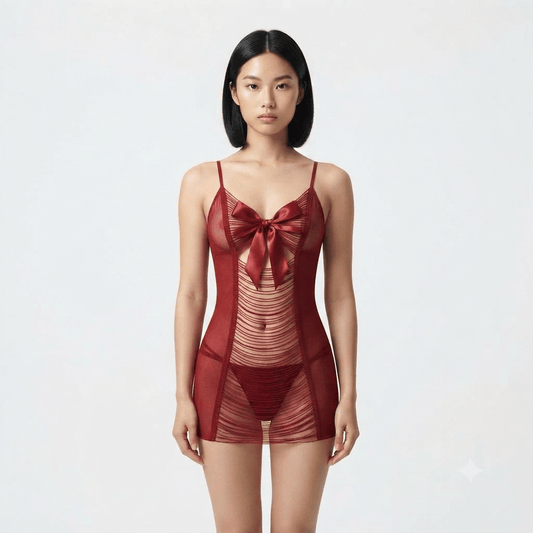 Red Nudra Bow-Tie Cutout Babydoll sheer multi-strap nightdress - Nudra Pakistan