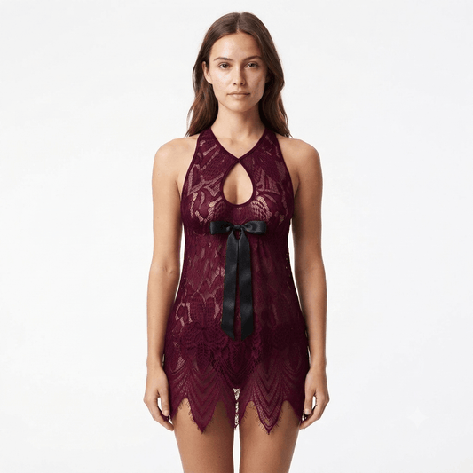 Wine Nudra Floral Lace Halter Nighty keyhole front side slit - Nudra Pakistan
