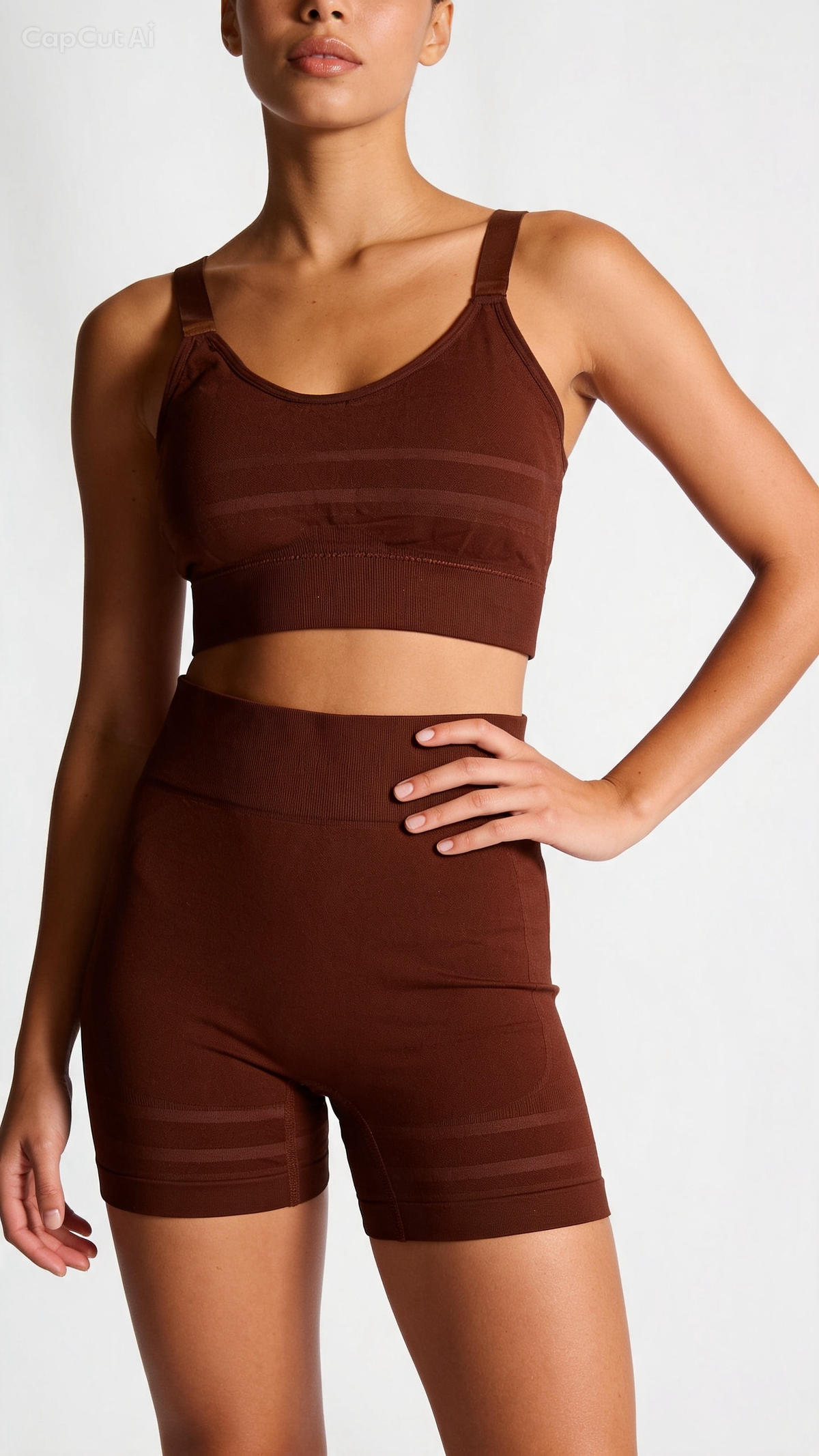 Yoga set for women featuring a seamless striped sports bra and high-waist shorts in a rich brown color.